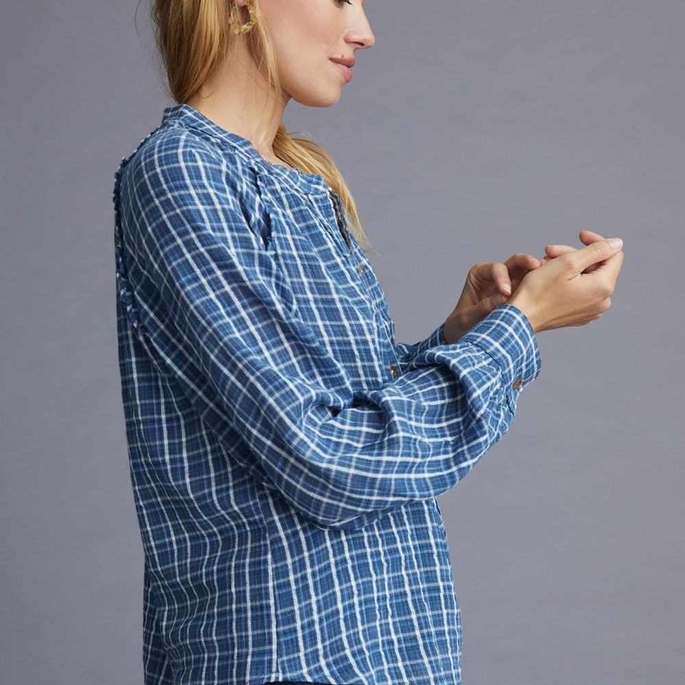 Anthropologie Pilcro Plaid Blouse 1X XL 2X Blue Button-down Shirt Dress - Picture 2 of 7